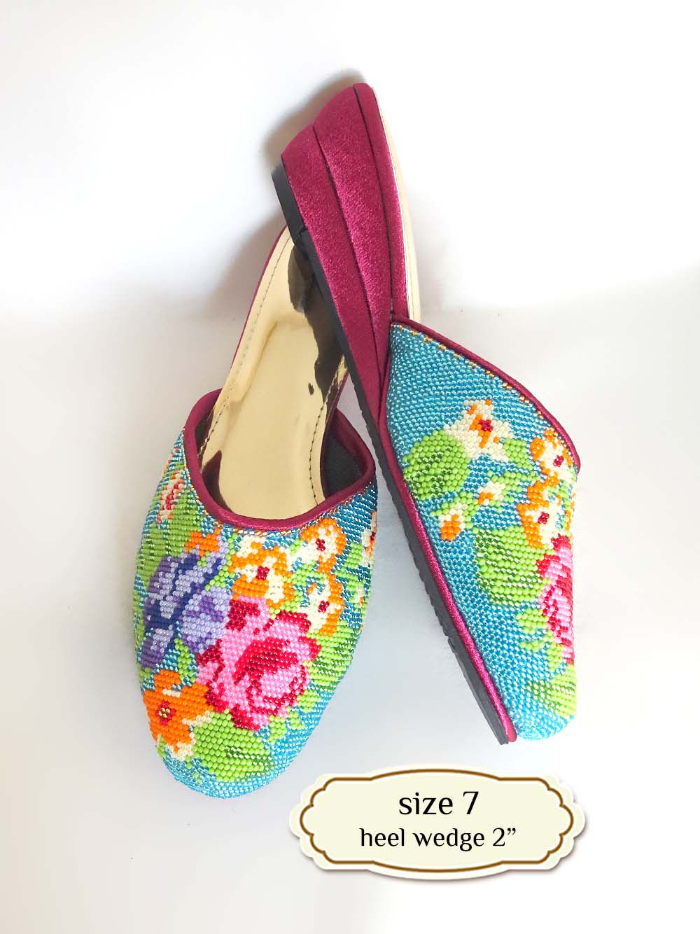 Covered Peonies on Blue Beaded Shoe. Size 7 / Eur 37 / 25cm