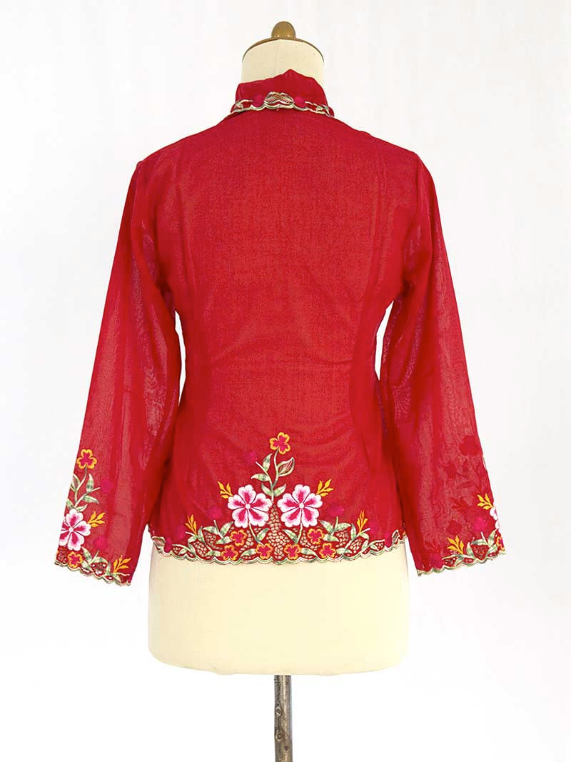 Thumbnail: Size XS: Pink Lewisia on Red Kebaya
