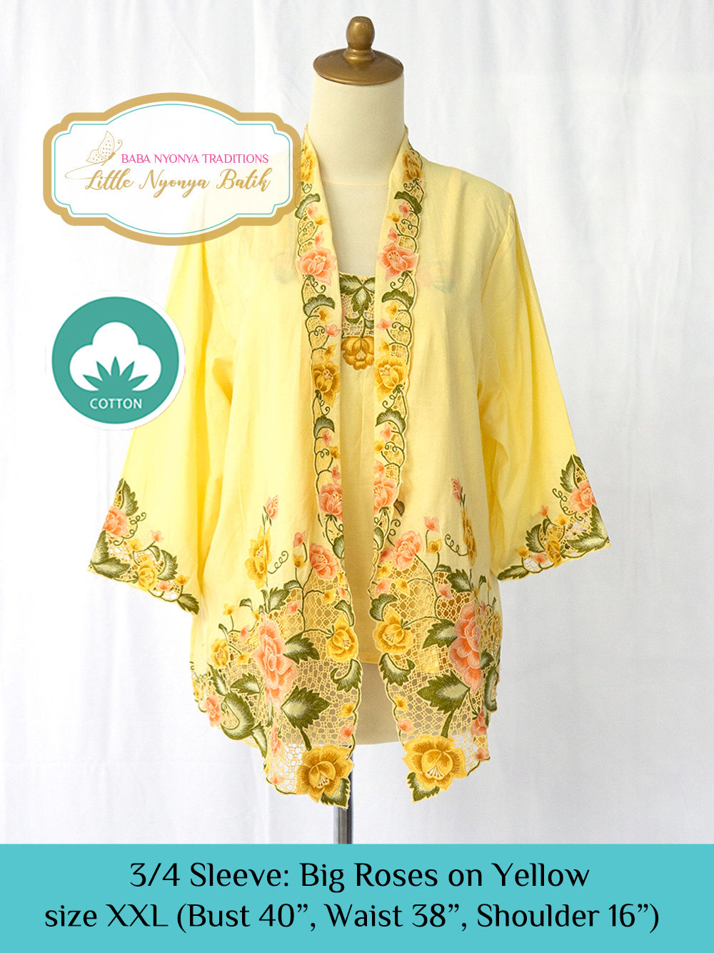 Size XXL 3/4 Sleeve Kebaya with Camisole BIg Roses Yellow