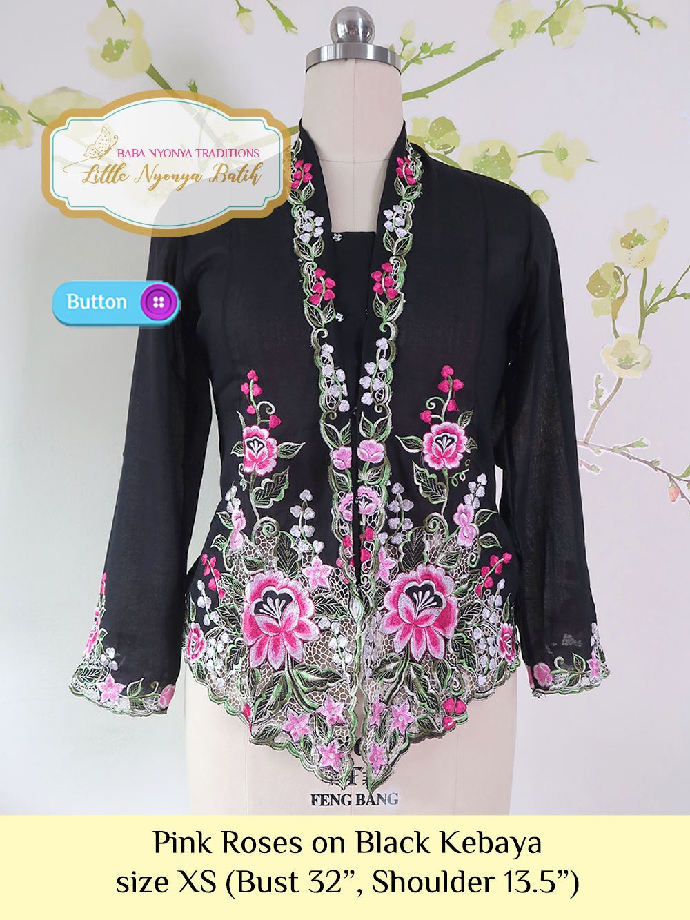 Size XS: Pink Roses (B) on Black Kebaya