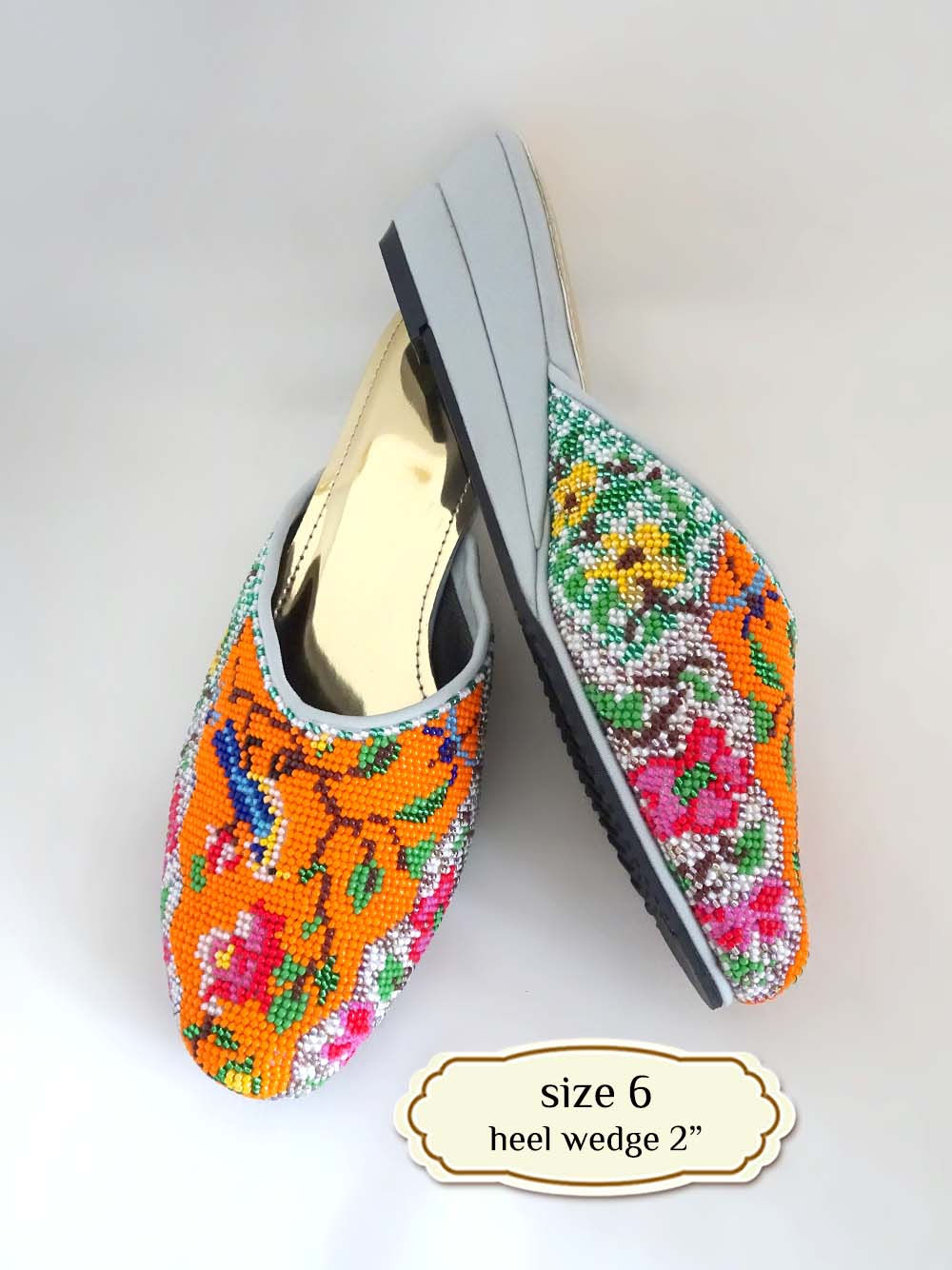 Covered Bird on Orange Beaded Shoe. Size 6 / Eur 36 / 24cm