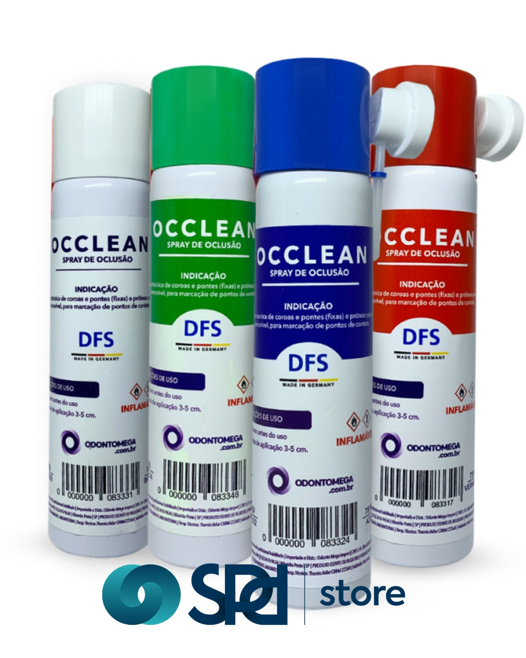 4 frascos do Spray Occlean DFS (branco, verde, azul e vermelho) importado.