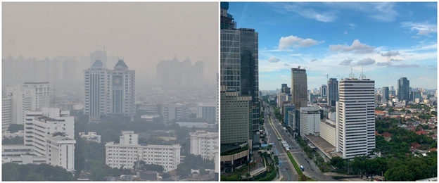 Foto Langit Jakarta Sebelum & Sesudah Pandemi, terlihat bersih setelah diberlakukannya PSBB foto: Merdeka.com/Iqbal S. Nugroho; Twitter/@renjunskies