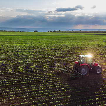 Tractor cultivating field at spring