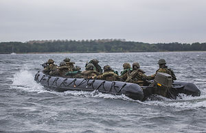 A military rescue team on a boat