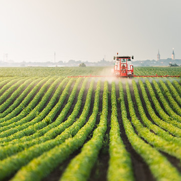 Tractor spraying pesticides at soy bean field