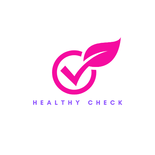 Logo for 'Healthy Check' featuring a pink checkmark integrated with a leaf inside a circle.