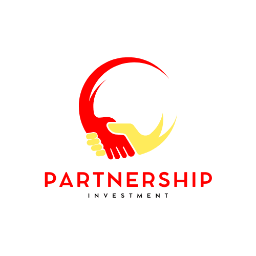 Logo for 'Partnership Investment' featuring a circular design with two hands shaking in red and yellow.