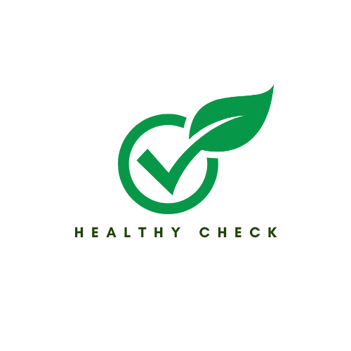 Logo for 'Healthy Check' featuring a green checkmark integrated with a leaf inside a circle, symbolizing health, wellness, and eco-friendliness.