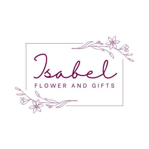 Elegant logo for 'Isabel Flower and Gifts,' featuring a delicate script font with floral accents and a thin rectangular frame in a soft burgundy color.