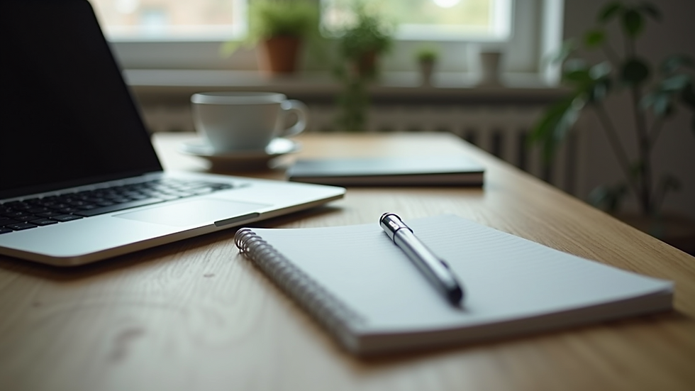Eye-level view of a writer’s desk with a laptop, notebook, and coffee cup