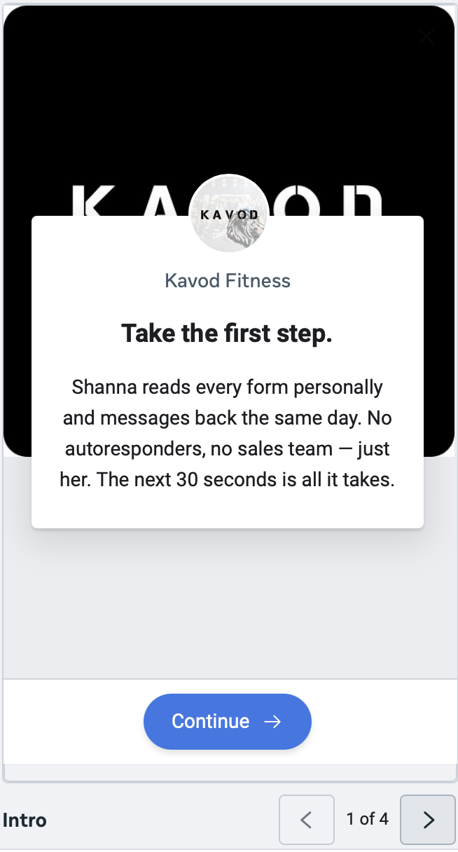 Step 1: Introduction screen of the Kavod Fitness lead form