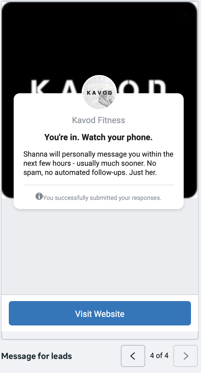 Step 4: Confirmation screen after submitting the form