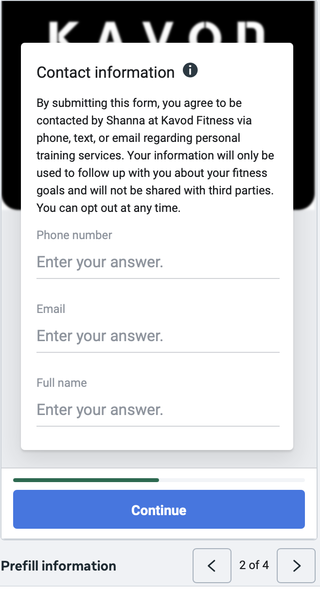 Step 2: Contact information screen showing consent to be contacted by phone, text, or email