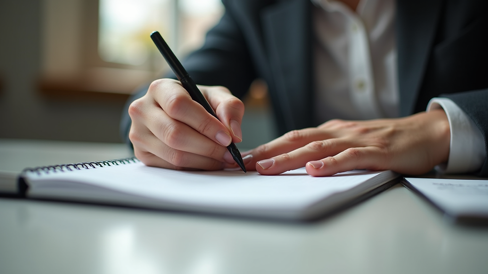 Eye-level view of a young professional writing career goals in a notebook