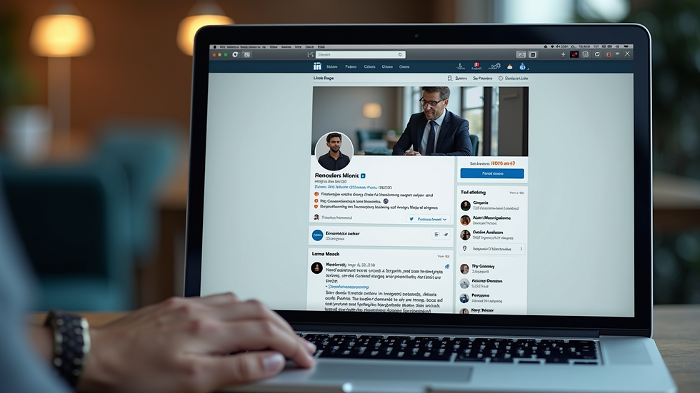 Close-up of a laptop screen showing a professional LinkedIn profile