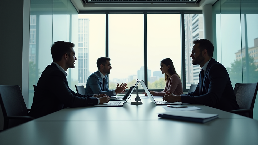Eye-level view of a modern office meeting room with a team discussing strategy
