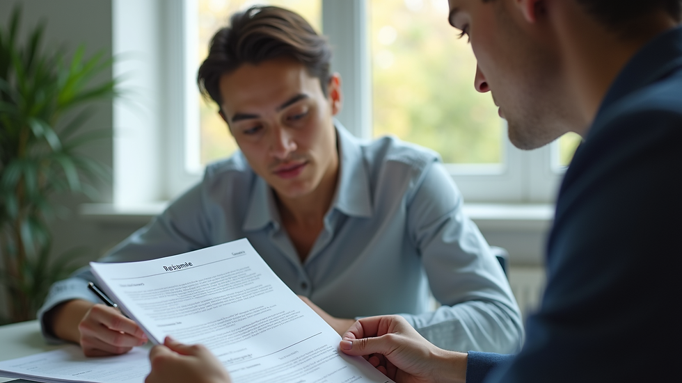 Close-up view of a career counselor reviewing a resume with a young adult
