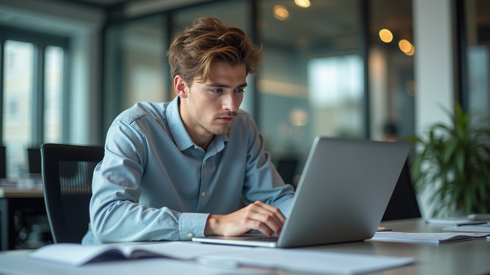 Eye-level view of a young professional working on a laptop in a modern office