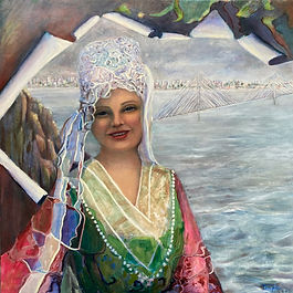 BELLE D  ’IROISE – Huile sur toile, 80x80 cm, 2017
Portrait d’une femme en costume breton traditionnel, souriante, sur fond maritime avec un pont suspendu.