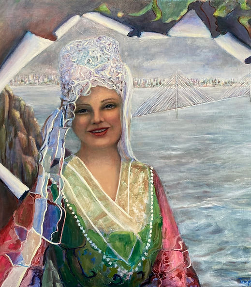 BELLE D’IROISE – Huile sur toile, 80x80 cm, 2017
Portrait d’une femme en costume breton traditionnel, souriante, sur fond maritime avec un pont suspendu.