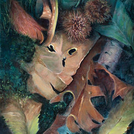 Dans Esprit des bois, l’artiste explore la frontière entre nature et esprit. Feuilles, bogues et champignons s’entrelacent, laissant deviner un visage mystérieux au cœur de la forêt.