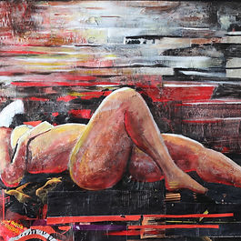 SUR LA ROUTE – Collages et acrylique sur toile, 65x54 cm, 2020
Nu féminin allongé de dos sur fond fragmenté rouge, noir et blanc. Contraste entre chair et décor abstrait en mouvement【189†source】.