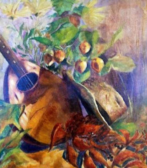 MANDOLINE AU JARDIN – Huile sur toile
Nature morte contemporaine avec mandoline, fleurs, noisettes et un homard inattendu. Une composition poétique et surprenante.