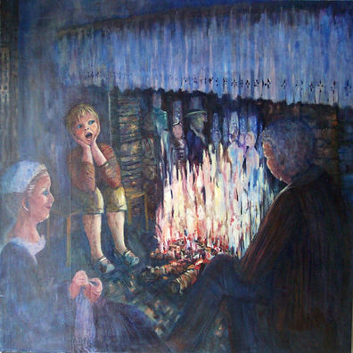 Scène de veillée hivernale avec conteur, feu de cheminée, silhouettes projetées, enfant émerveillé, peinture à l’huile 100x100 cm, ambiance chaleureuse et bretonne.
Cheminée de ferme bretonne typique, un feu brûlant, trois personnages : une vieille femme crochetant, un petit garçon assis dans la cheminée, tous deux s'émerveillant devant un vieillard de dos qui raconte des histoires.