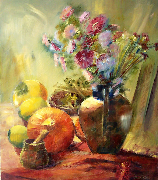 HARMONIES D’AUTOMNE – Huile sur toile, 65x54 cm
Une nature morte chaleureuse avec vase de fleurs champêtres, citrouille, pommes et coings. Une célébration douce de la saison des récoltes.