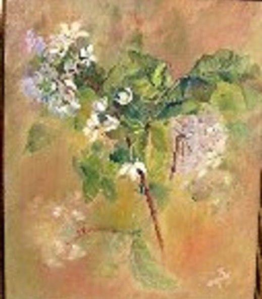 "P’tit brin d’fraîcheur" (2002) capte la délicatesse d’une branche fleurie dans une lumière douce. Entre pétales translucides et verts tendres, l’œuvre évoque la pureté et la légèreté d’un matin de printemps.