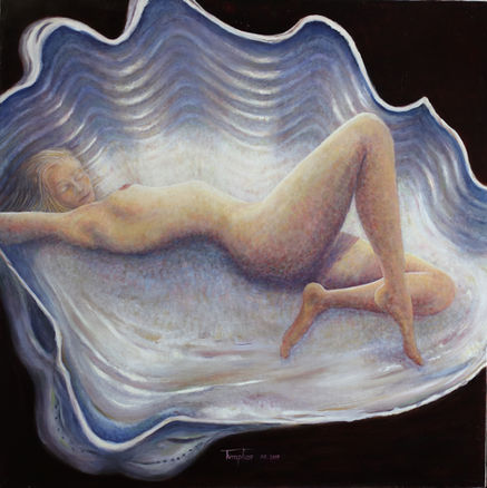 « Peinture contemporaine Nu nacré – femme nue allongée dans une coquille nacrée, éclairée par des reflets irisés rose, beige et lilas. Atmosphère douce et onirique inspirée du mythe de Vénus. Œuvre d’art originale de Marianne Templier, artiste peintre. »