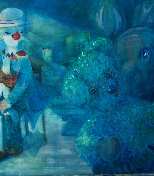 LE CLOWN MUSICIEN – Huile sur toile, 65x50 cm, 2003
Un clown assis joue du violon, entouré d’une peluche et de formes oniriques. Atmosphère poétique et mélancolique【264†source】.