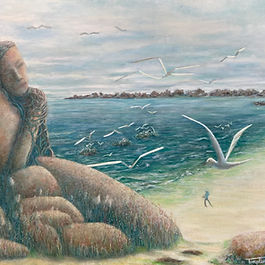 LA SENTINELLE – Huile sur toile, 116x89 cm, 2004
Une figure monumentale féminine intégrée au paysage côtier, gardienne silencieuse de la mer.