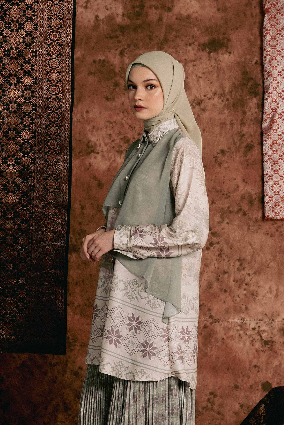 Thumbnail: Printed Olive Green Silk & Chiffon Shirt Dress