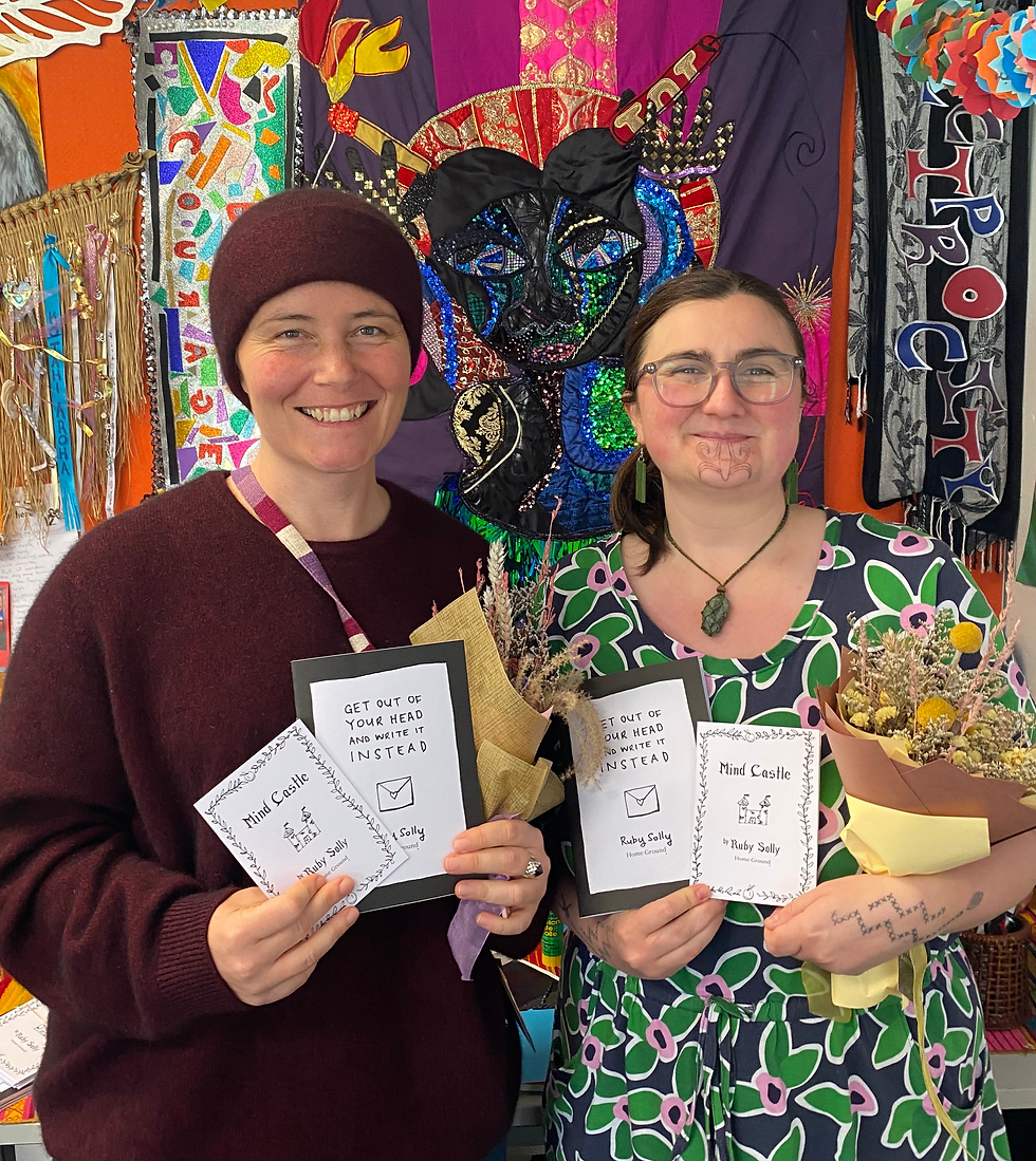 Anna Wooles and Ruby Solly at our little book launch on 3rd September. Behine them is the art work 'Sparkle Bomb' Queen, by Maungarongo Te Kawa.