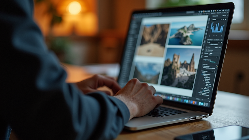 Close-up view of a photographer editing photos on a laptop