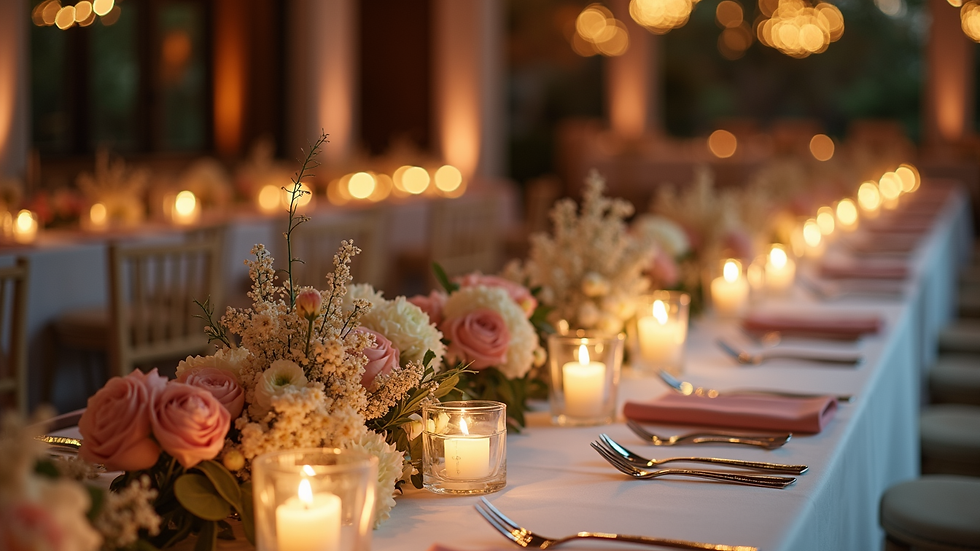 High angle view of an event table setup with floral decorations and candles