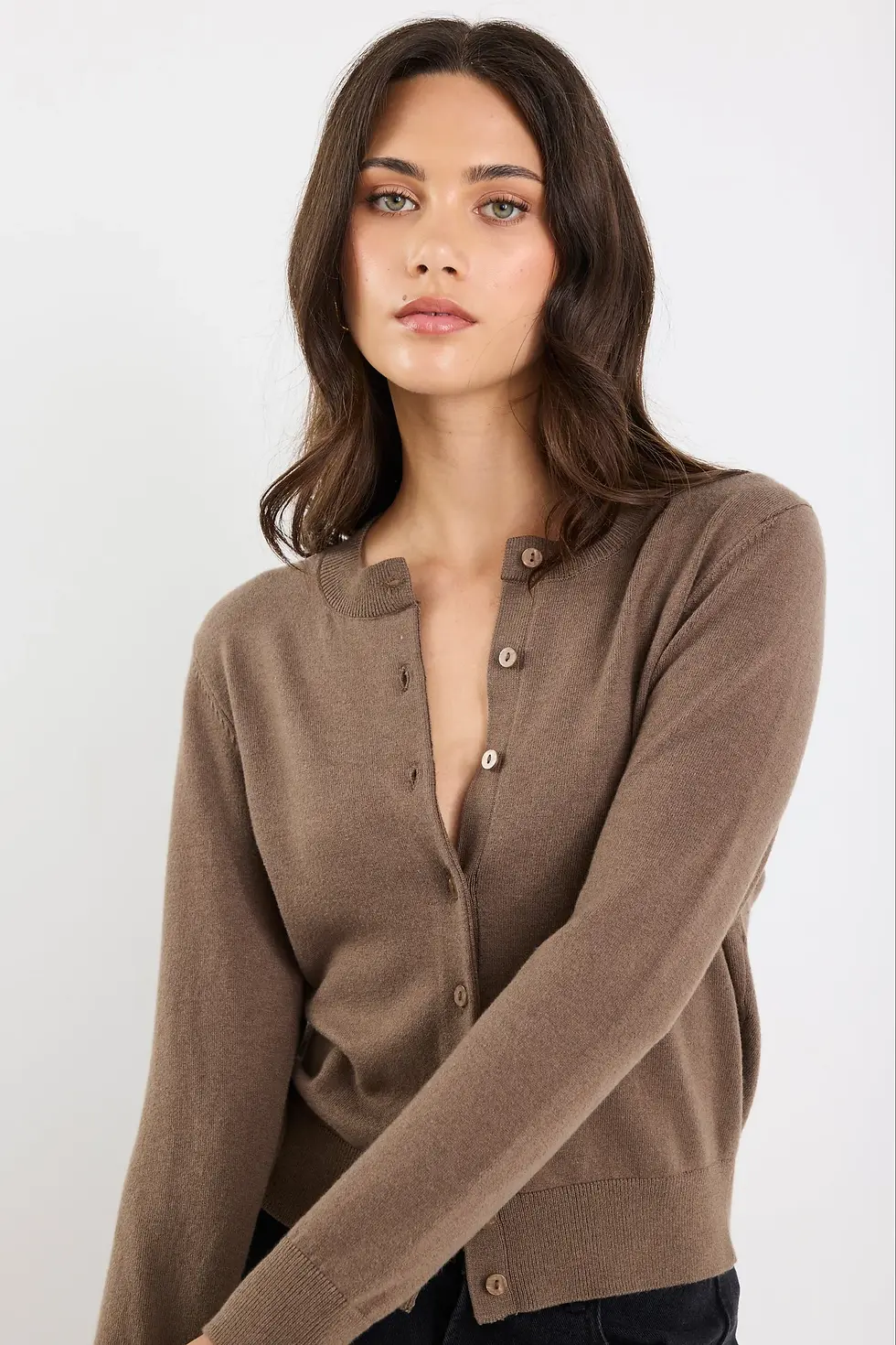 Thumbnail: Among The Brave Fine Gauge Crewneck Cardigan - Mocha