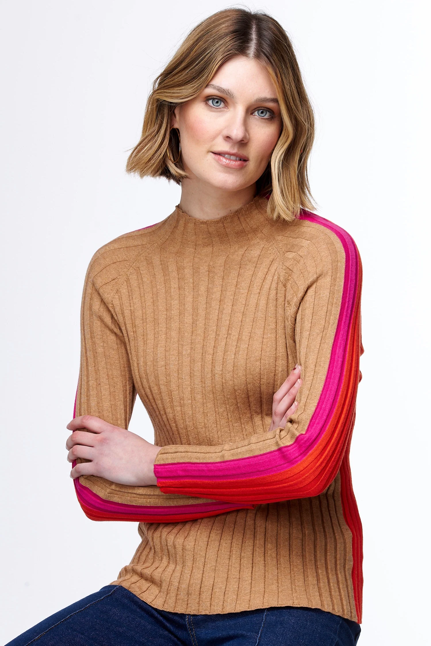 Zacket & Plover Tri Colour Rib Jumper Caramel