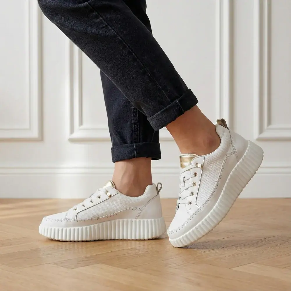 Bragi White Leather Platform Sneaker w Gold