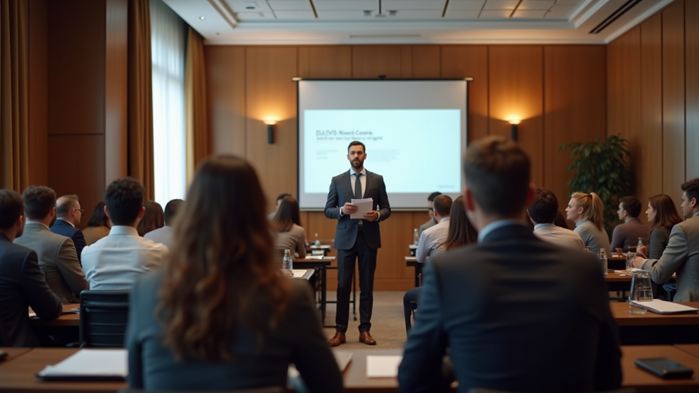 Eye-level view of a conference room with a speaker addressing an engaged audience