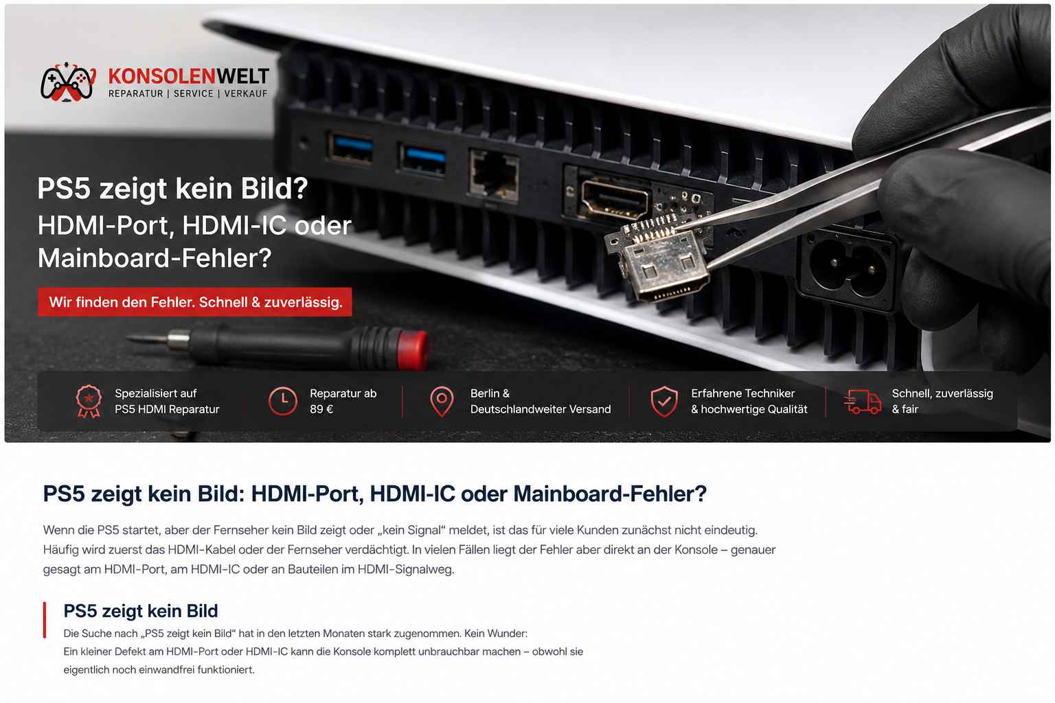 PS5 zeigt kein Bild – HDMI-Port und HDMI-IC Reparatur bei Konsolenwelt