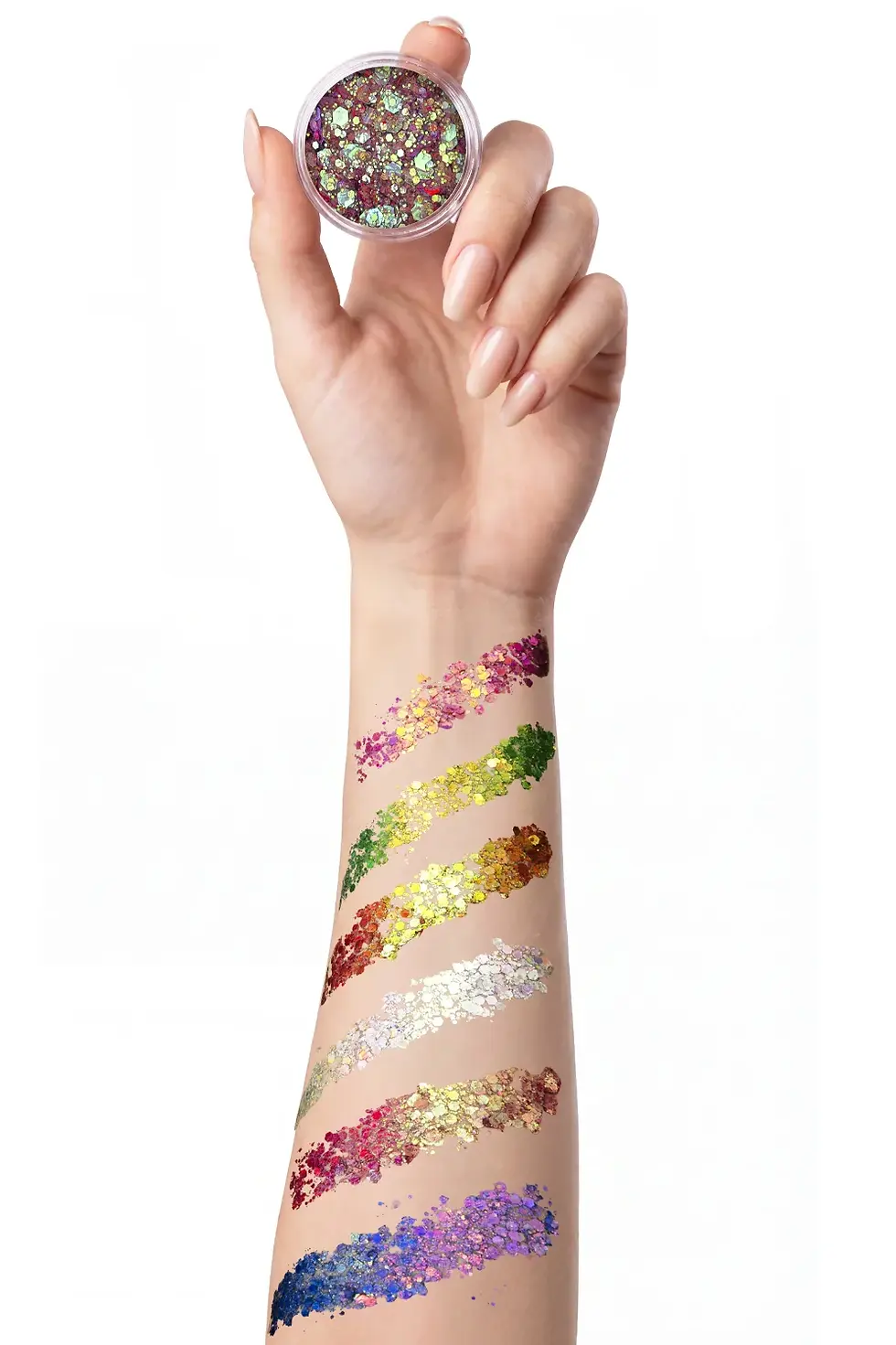 PXP Pressed Chunky Holographic Glitter Cream Atmosphere in 10ml pot in hand with glitter swatches