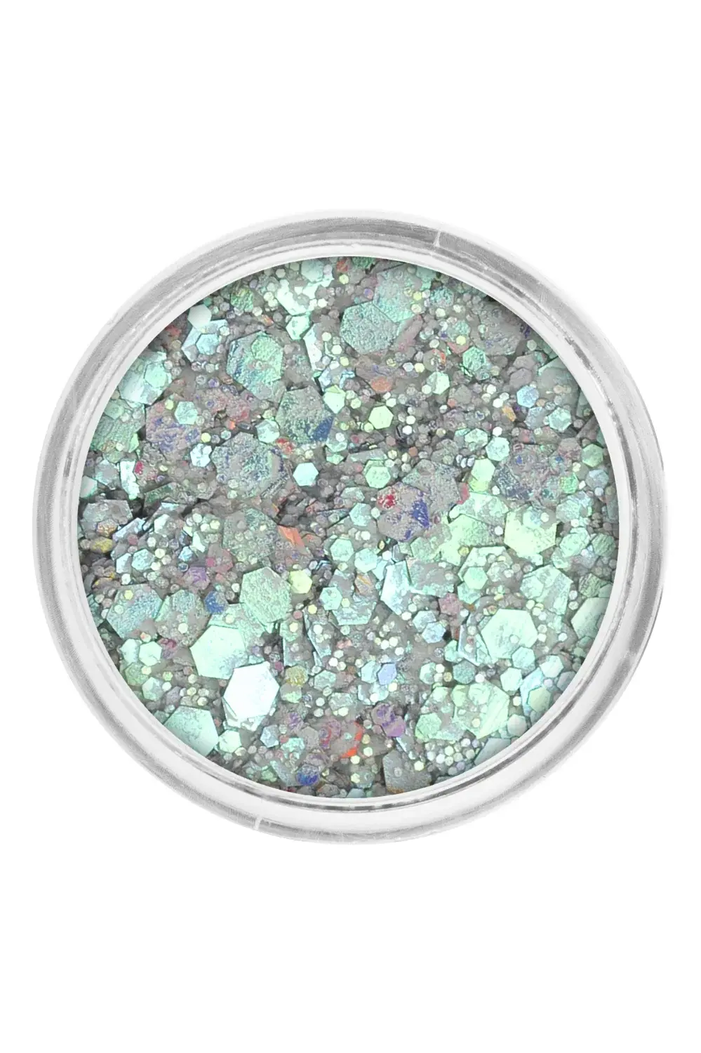 PXP Pressed Chunky Holographic Glitter Cream in 10ml pot in hand with glitter swatches