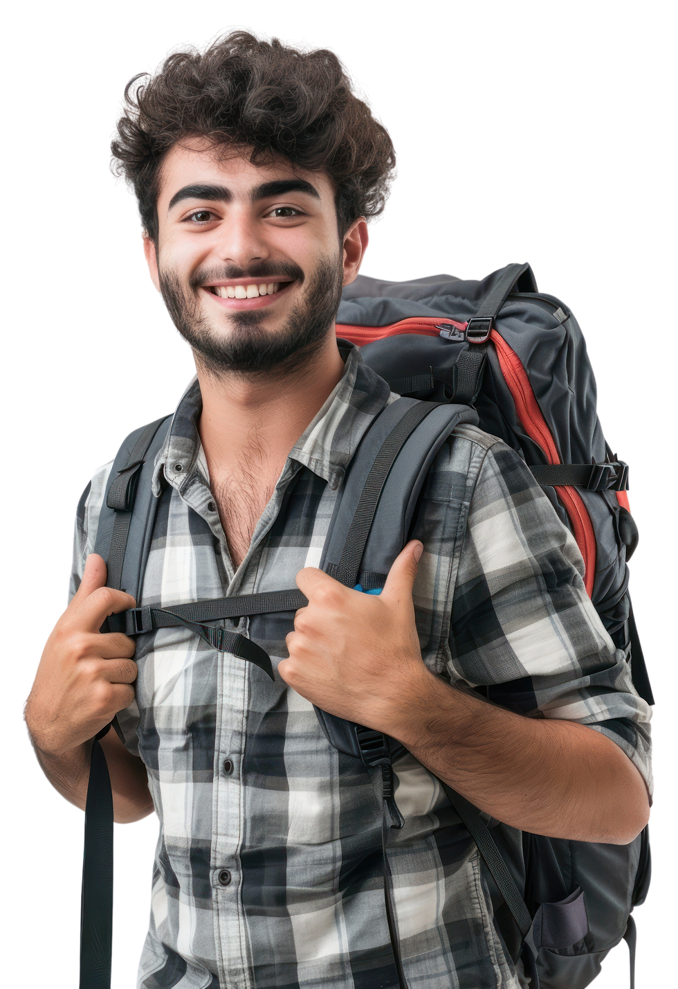 Smiling man wearing a plaid shirt and a large backpack