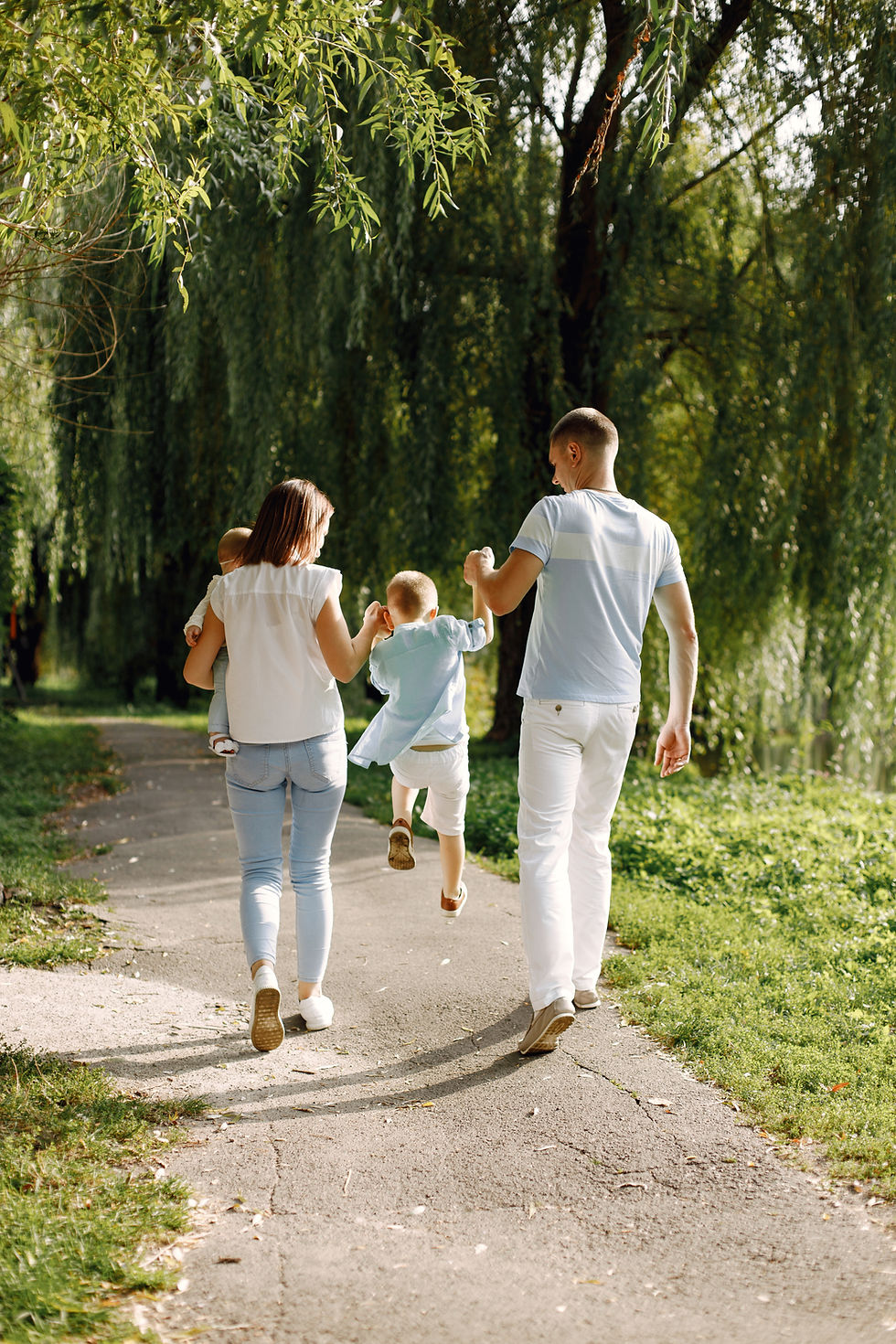 mother-father-older-son-little-baby-daughter-walking-park-family-wearing-white-light-blue-