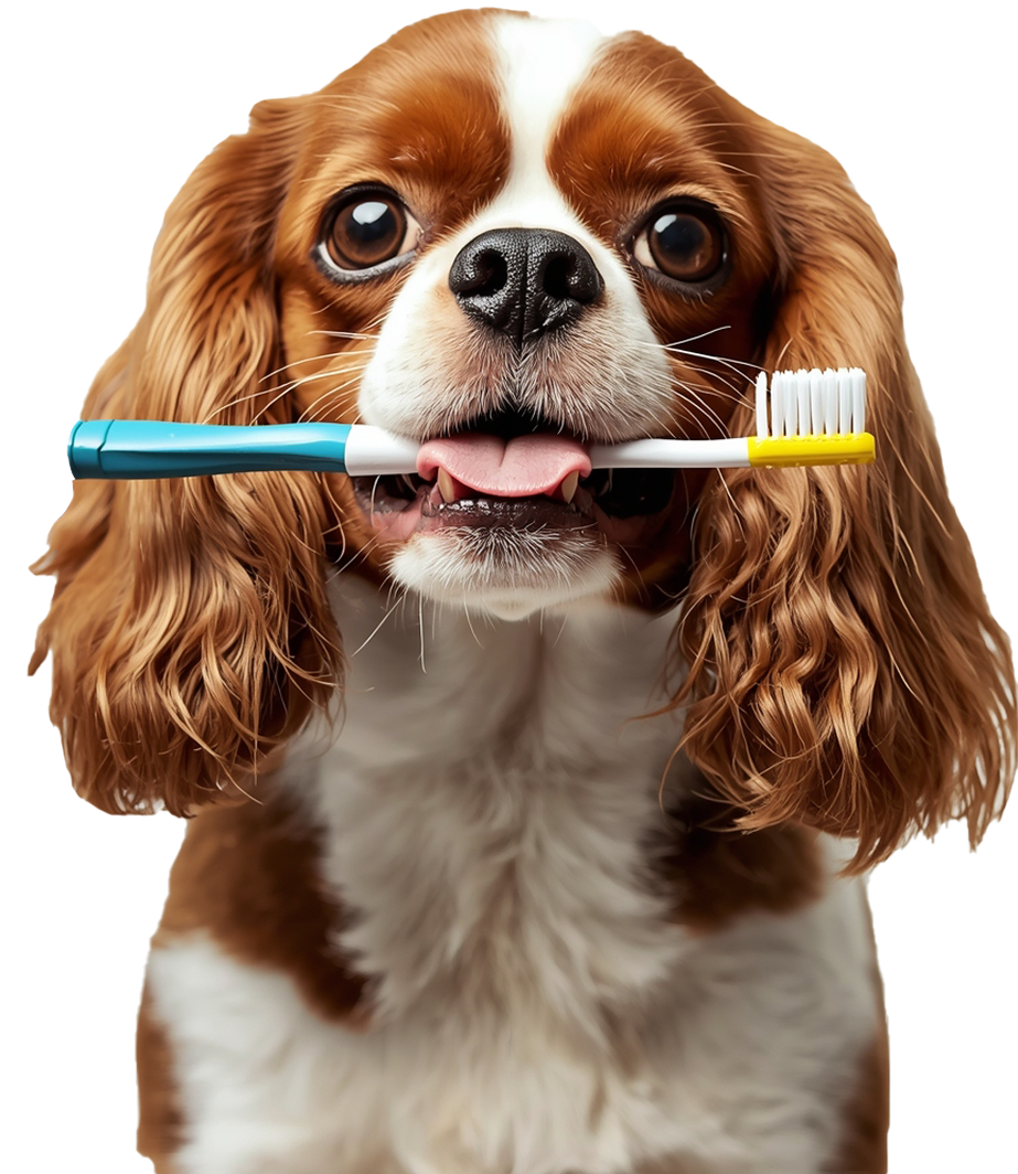 Cavalier King Charles Spaniel holding a toothbrush