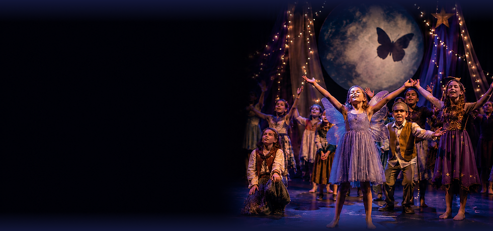 Children performing on stage with a butterfly moon backdrop