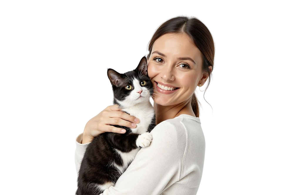Smiling woman holding a black and white cat